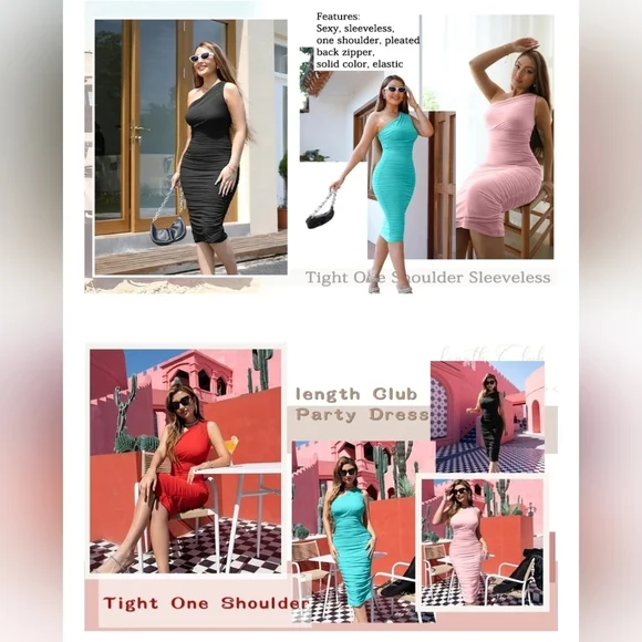 LAGSHIAN Bodycon One Shoulder Sleeveless Ruched Midi Dress #1022 NWOT - Picture 12 of 13